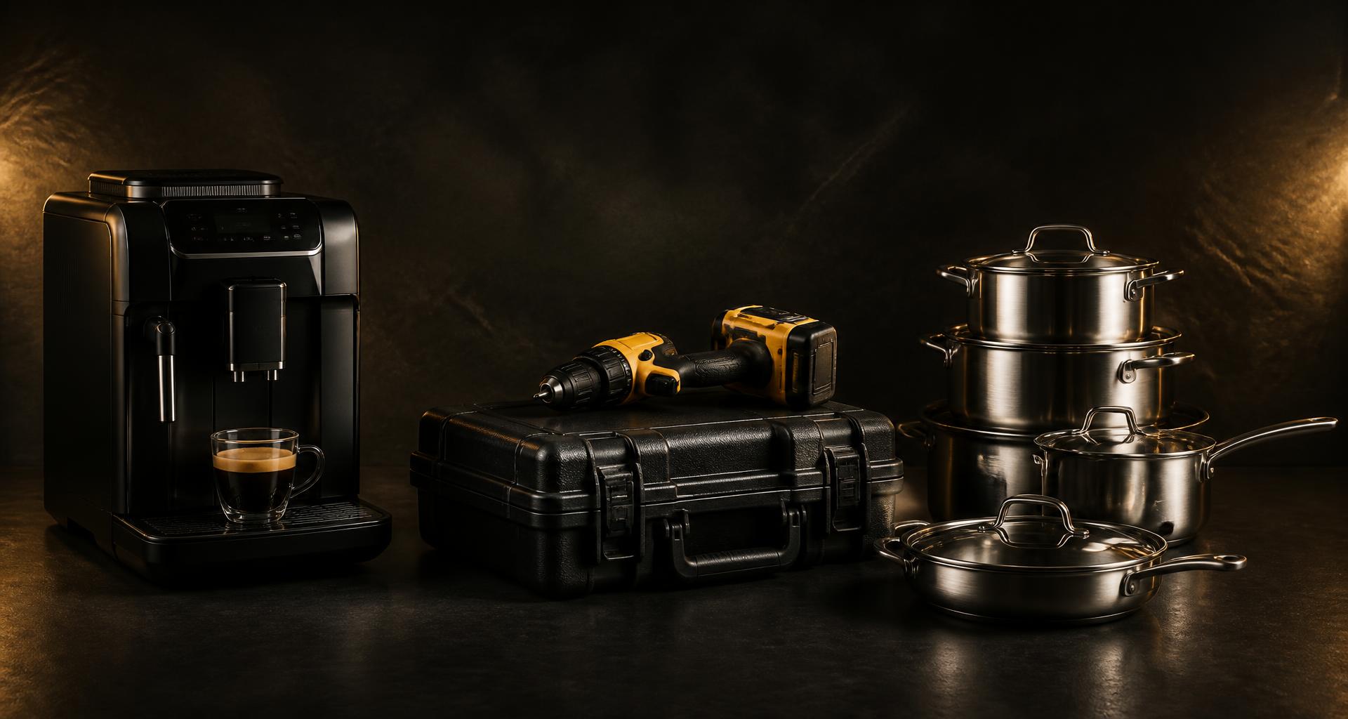 Espresso machine, cordless drill in a hard case and stainless cookware lit with warm gold accents